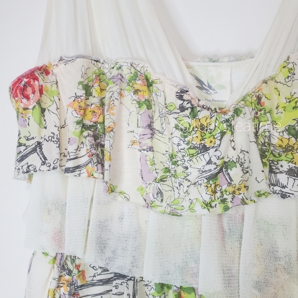 ANTHROPOLOGIE -Weston Wear- Floral Watercolor & Sketch Print Tiered Ruffle Top - Picture 4 of 10